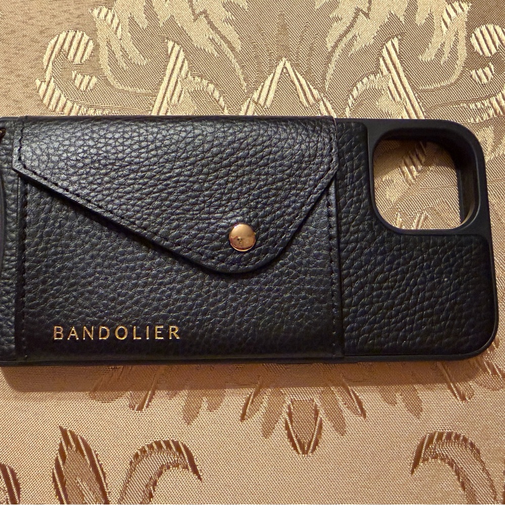 Bandolier Black Leather Phone Case with Gold Accents. iPhone 13 case
